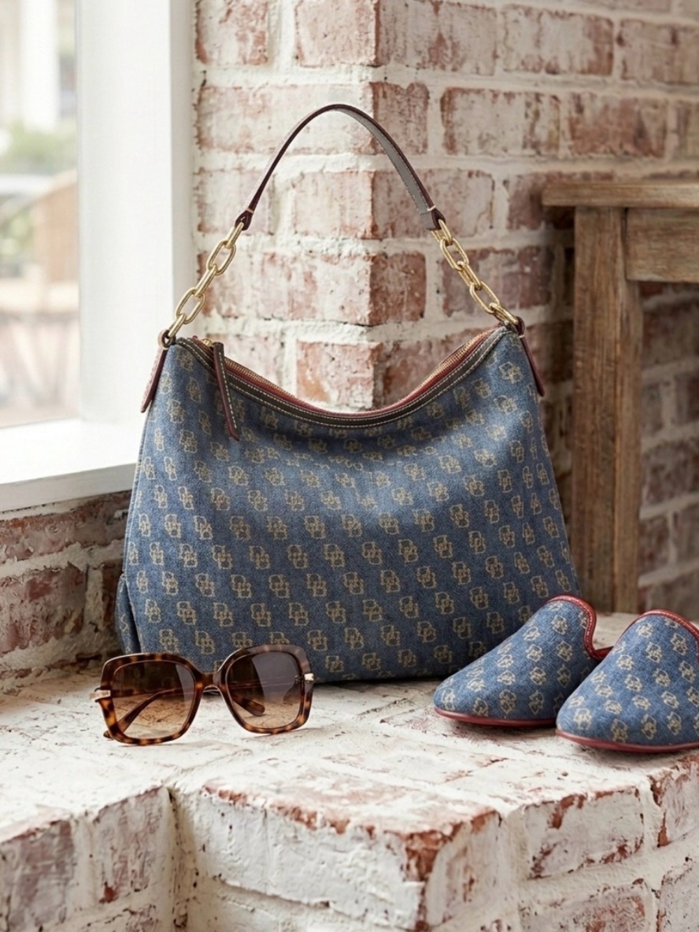 Dooney & Bourke Blue Monogram Hobo with Gold Chain Strap
